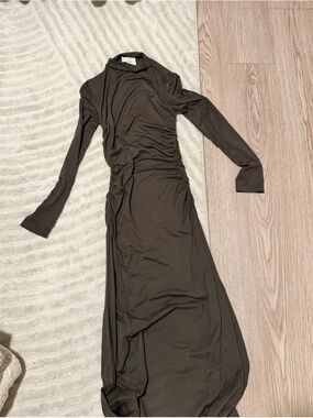 Reformation Long Sleeve Ruched Maxi Dress in Dark Olive
